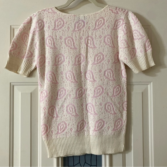 Vintage Paisley Short Sleeve Sweater Pink Cream Cardigan Bay Small - Picture 3 of 5